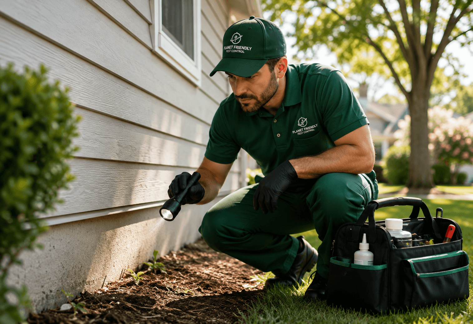A Planet Friendly Pest Control technician inspecting a home's exterior