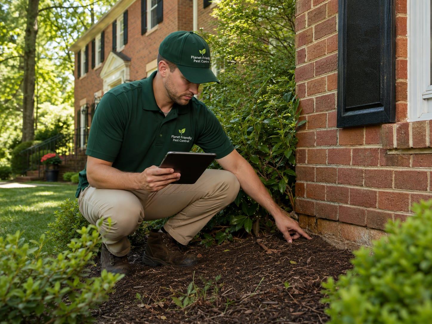 A Planet Friendly Pest Control technician crouched in the mulch beds beside a Northern Virginia brick home, examining the foundation and landscaping with a tablet where pest activity begins outdoors