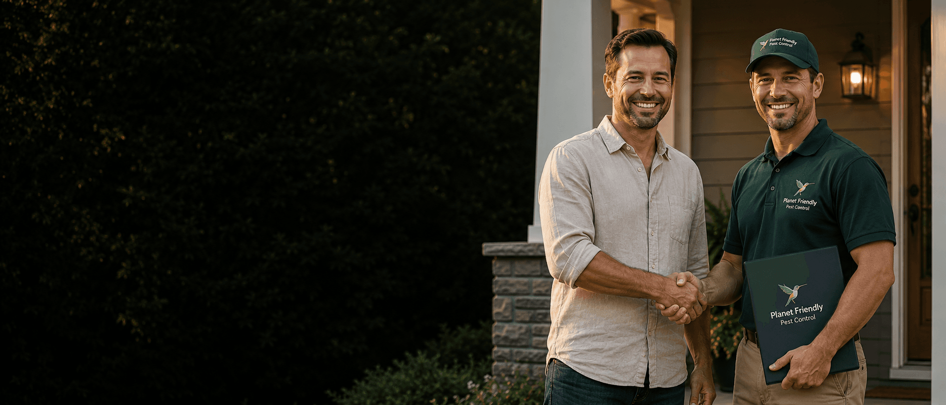 A homeowner and a Planet Friendly Pest Control technician shaking hands on a front porch