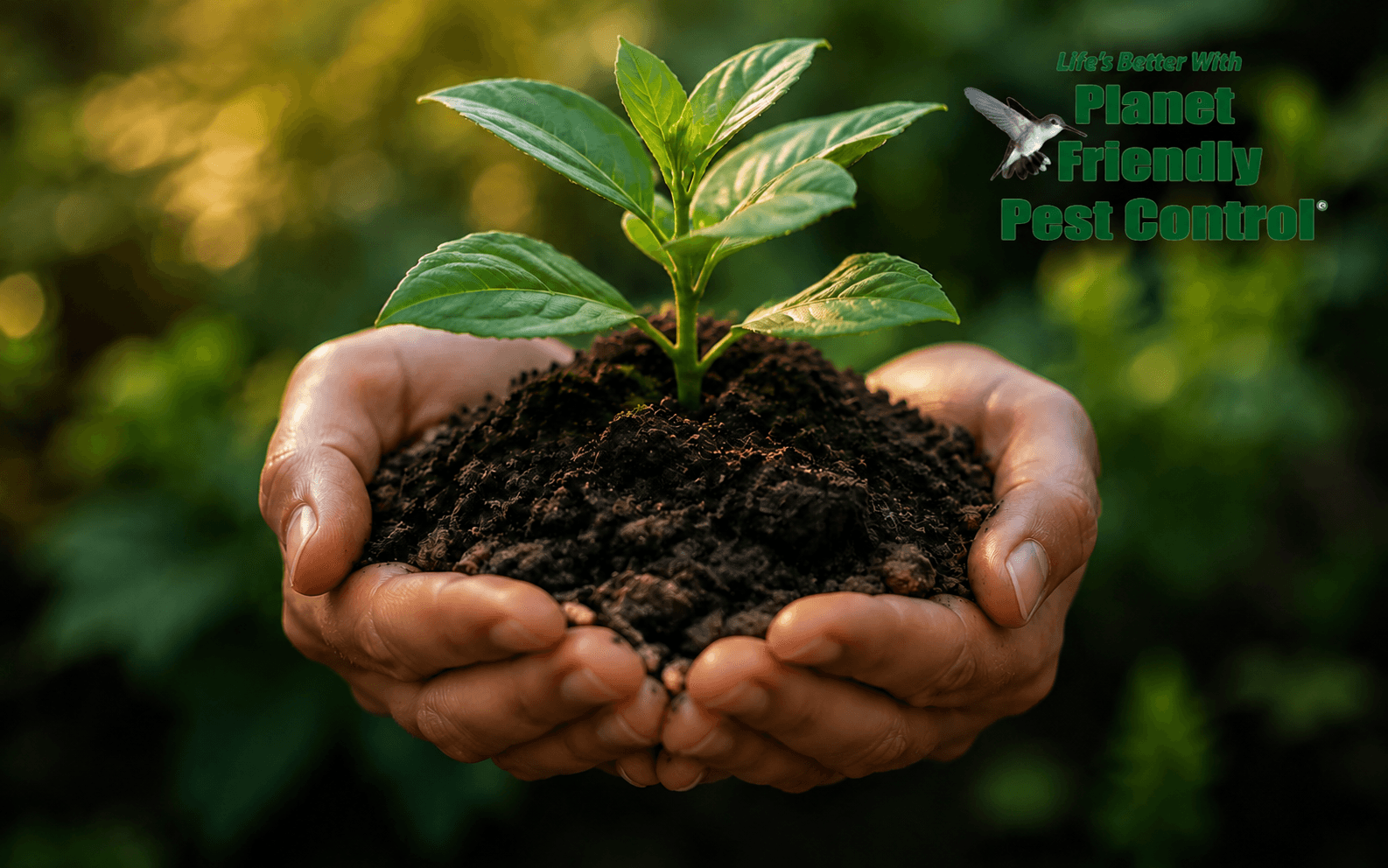 Cupped hands holding a young green seedling in rich soil against a lush garden — Planet Friendly Pest Control