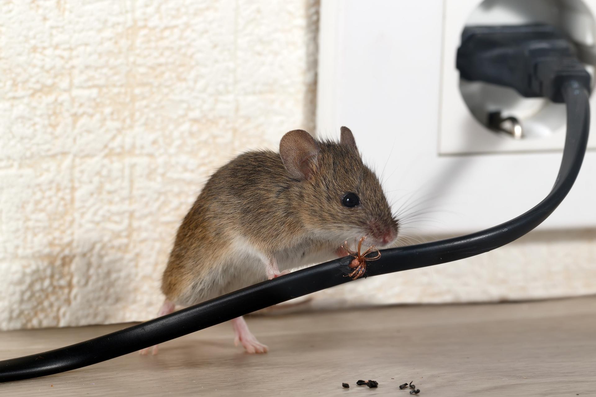 A mouse gnawing an electrical cable inside a home — the kind of damage rodents cause